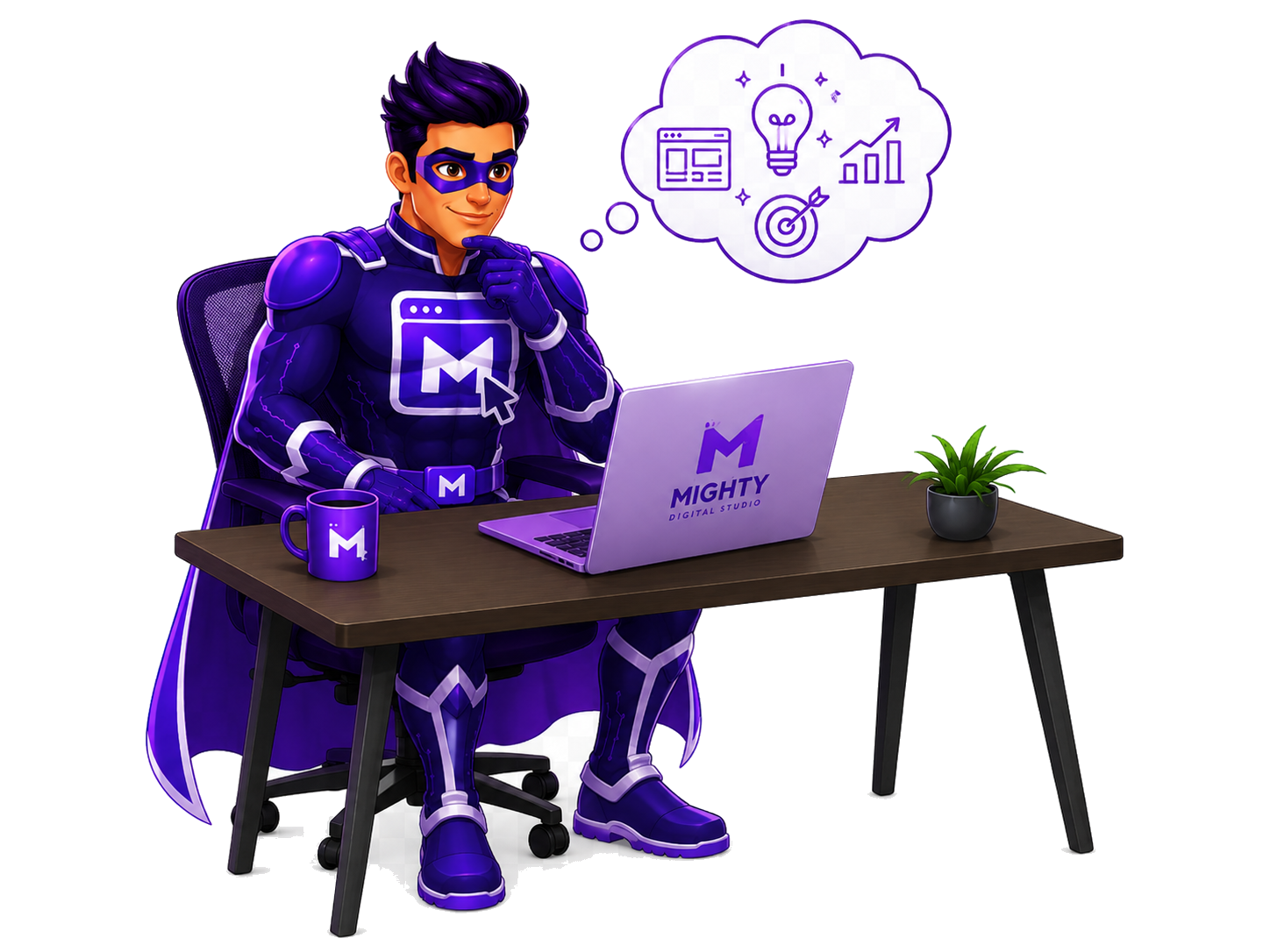 Mighty Digital Studio superhero sitting at the same desk in a thinking pose with thought bubbles while planning a website design
