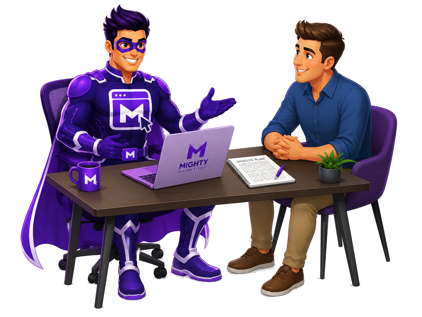 Mighty Digital Studio superhero sitting at a desk talking through a website plan with a small business client